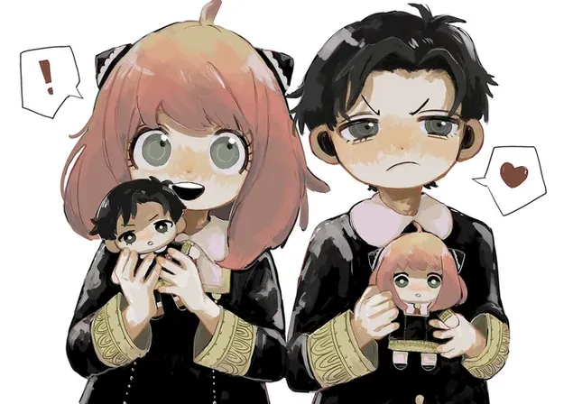 Spy x Family - Anya y Damian sosteniendo muñecas