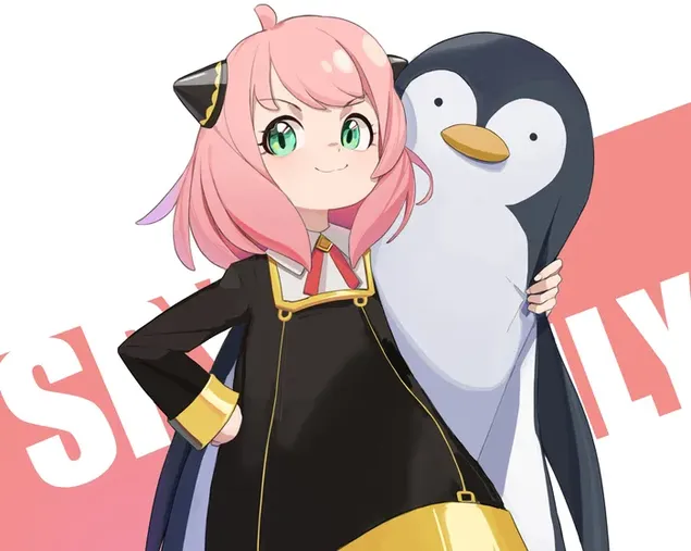 Spy x Family - Anya con su uniforme abrazando un pingüino de juguete 4K fondo de pantalla