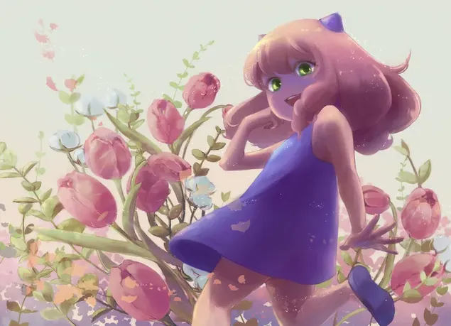 Spy x Family - Schattige Anya draagt ​​een paarse jurk omringd met roze bloemen download