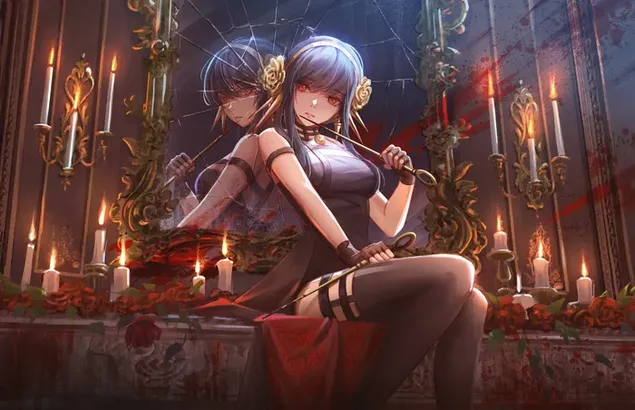 วรรณกรรมการ์ตูนตระกูล Spy x ตัวละครสาวอนิเมะแสนสวยนั่งท่ามกลางเทียน 4K วอลเปเปอร์