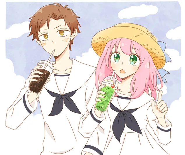 Spy x family series male and female anime characters in white clothes, drinking juice