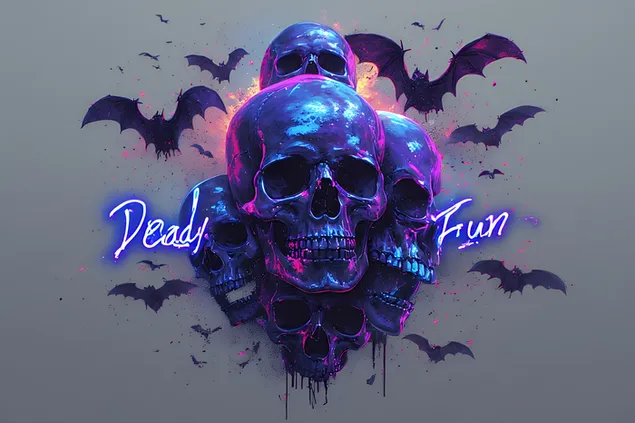 stacked neon skulls glowing blue & purple with ''deadly fun'' typography download