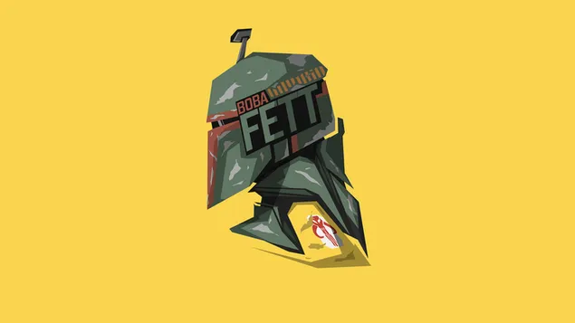 노란색 바탕 화면 배경에서 스타 워즈 Boba Fett 미니멀리스트 8K 배경화면