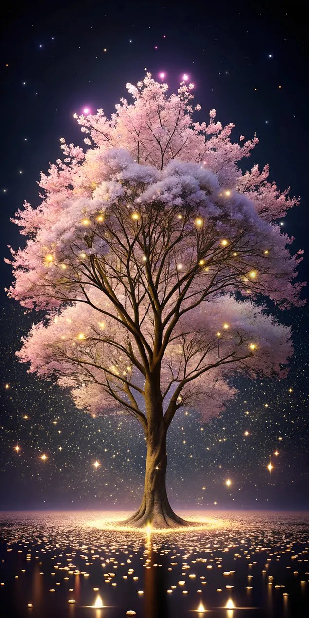 Stardust Trešnjino drvo u svjetlucavoj noćnoj praznini 2K pozadina