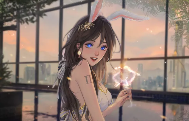 Stare of anime girl with long black hair, white dress, blue eyes by window with sky and city view