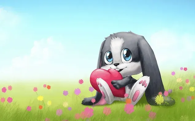 Menatap kelinci lucu yang memegang hati di pangkuannya di atas rumput dan bunga
