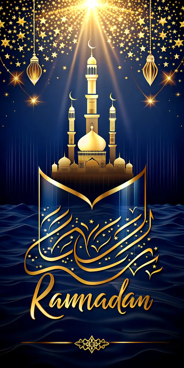 Stark Däischter Leinwand mat Minimalistescher Black Line Outliner Moschee a Golden a Blo Téin mam Ramadan Kareem Text 2K Tapeten