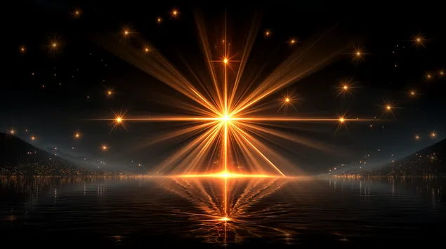 Hình nền Phản chiếu ánh sao trên mặt nước với những tia sáng vàng 2K