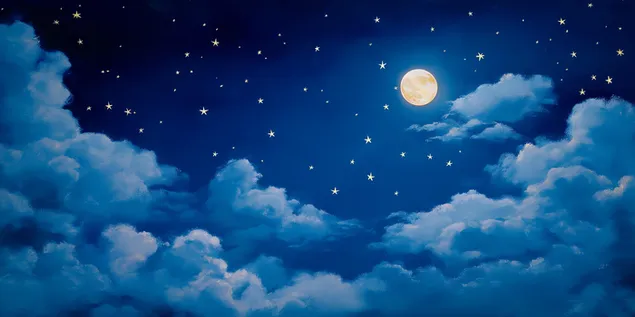 繁星点点的夜晚，满月笼罩着蓬松的云朵 2K 壁纸