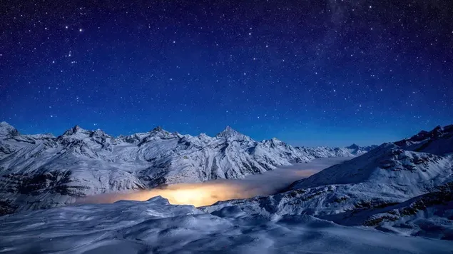 Starry sky night snow mountains 4K wallpaper