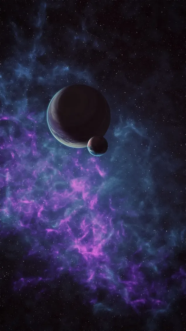 紫の光と霧雲の中の星と惑星