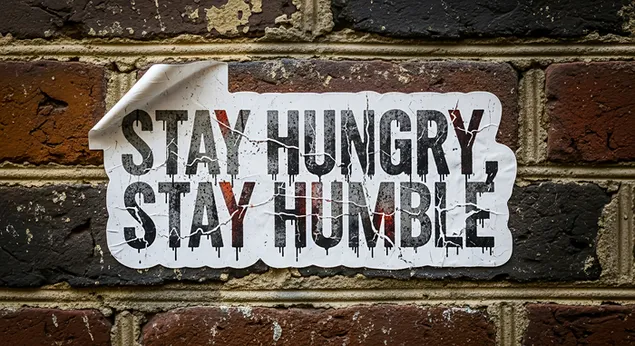 klistermaerke med ''bliv sulten, bliv ydmyg'' pa murstensvaeg download