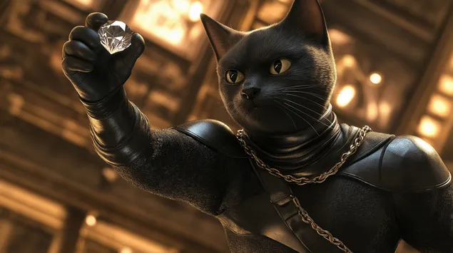 Gat furtiu amb vestit negre que sosté un diamant brillant 2K fons de pantalla