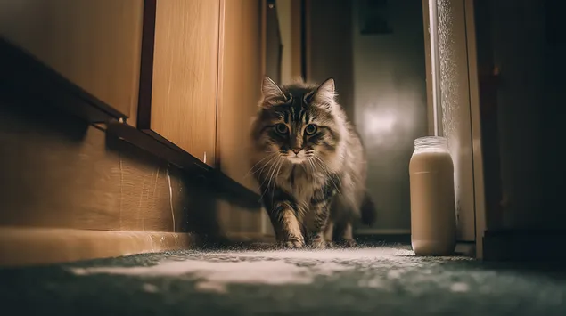 Un chat furtif et duveteux provoque des dégâts farineux dans le couloir 2K fond d'écran