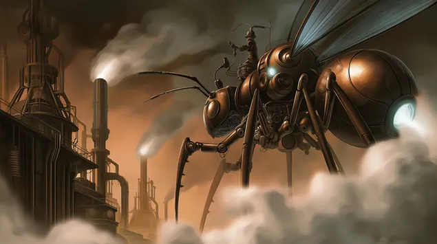 Steampunk-maur: Industriell transport i røykfylt landskap 2K bakgrunn