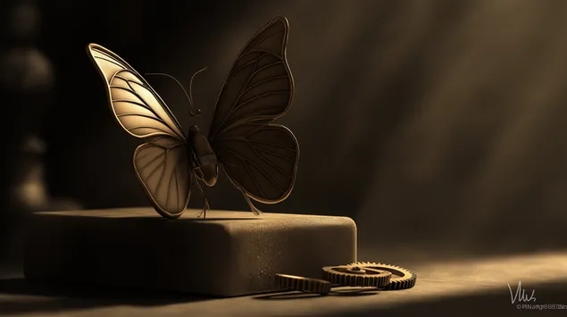 Steampunkowy motyl i koła zębate na cokole w przyćmionym świetle 2K tapeta