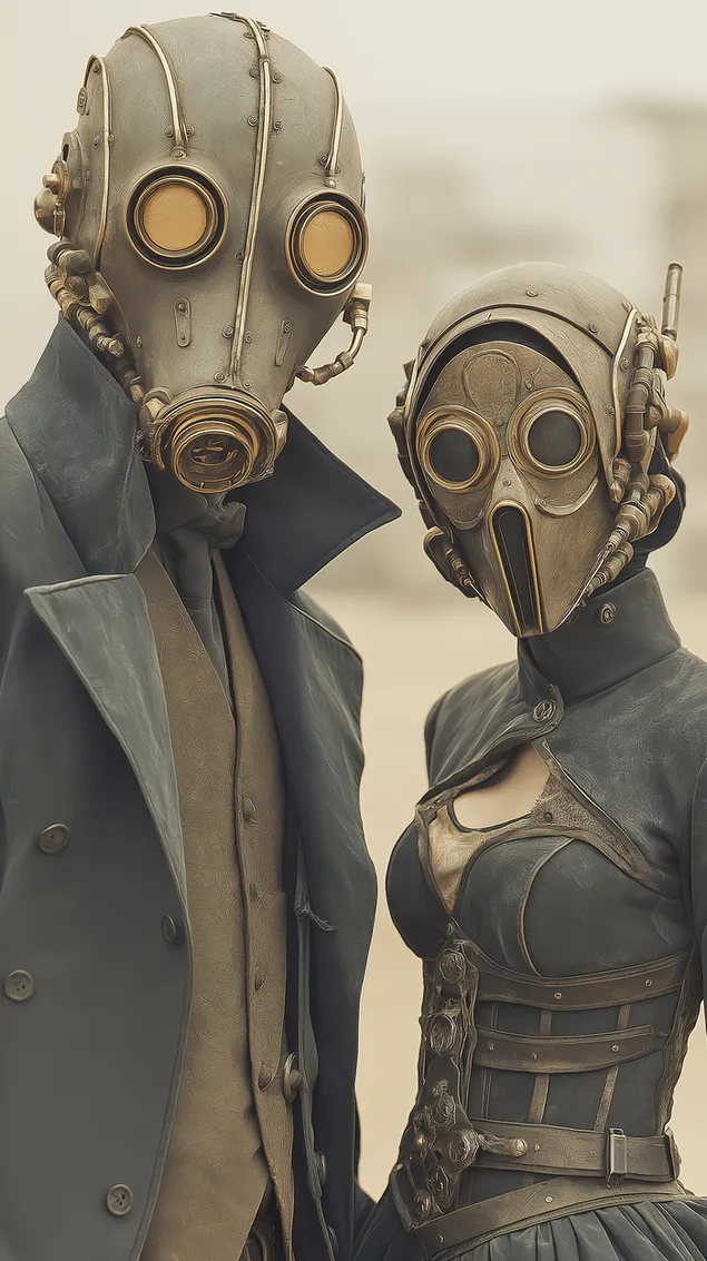 Steampunk cyber-gotisk par i unikke masker og påklædning HD baggrundsbillede
