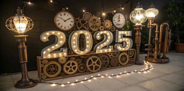 Steampunk-inspiréiert '2025' mat Gears, Pipes, a Vintage Clocks 4K Tapeten