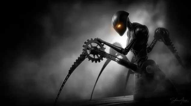 steampunk roboticka postava se zaricima ocima v temne mlze stahnout