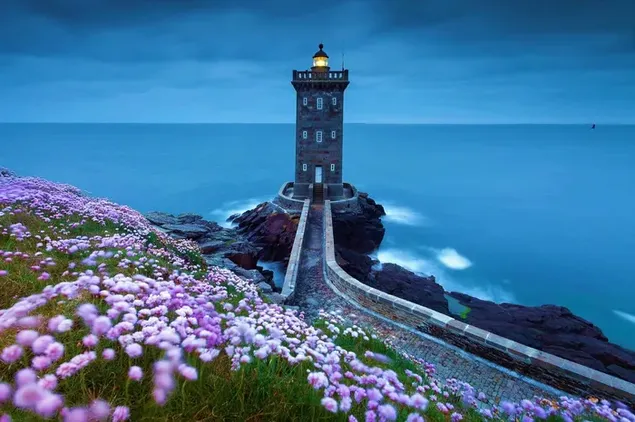 Steinpfad zum Leuchtturm zwischen Blumen und Meerblick