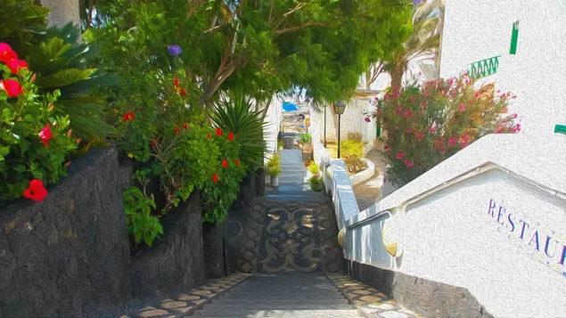 Trappe na die strand, puerto del carmen - olie in doek HD muurpapier