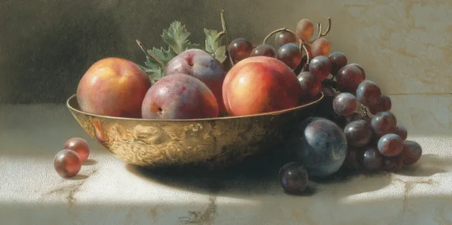 asetelmamaalaus messinkikulhosta, joka on taytetty hedelmilla lataa