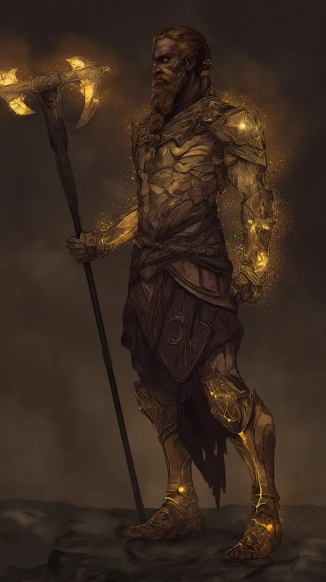 lider estoic semblant a un nan en una fantasia complexa d'armadura daurada baixada
