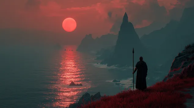 Taustakuva Stoalainen hahmo muinaisella rannikkokalliolla tuijottaen auringonlaskua meressä 2K