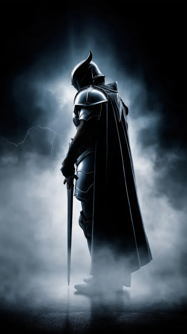 צללית אביר סטואי בתוך אווירה סוערת ומעושן HD טפט