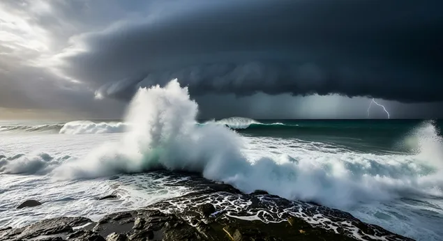 暴风雨中的巨浪伴着闪电拍打着岩石海岸。 4K 壁纸