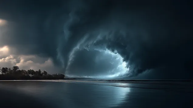 stormagtige lug oor 'n kusstrand met bome aflaai