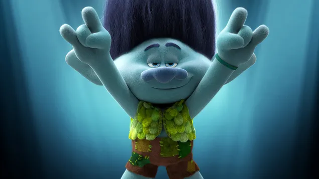 Steilharig blauw personage dat een handgebaar maakt uit de animatiefilm Trolls World Tour musical 4K achtergrond
