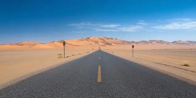 una carretera recta que se extiende hacia un vasto paisaje desertico banado por el sol descargar