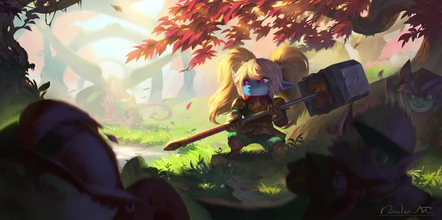 Strategi videospelserie League of Legends spelkaraktär som håller en slägga 2K bakgrund