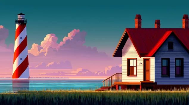 Impresionante faro costero y casa junto al agua 2K fondo de pantalla