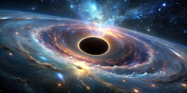 Indrukwekkend zwart gat in de diepe ruimte met intense lichtvervorming en een sterrenhemel als achtergrond 4K achtergrond