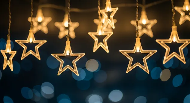 varg dritash te ndricuara ne forme ylli me nje sfond bokeh me ndricim yjesh te rratheve blu dhe te verdhe shkarkim