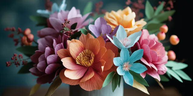 magnifique bouquet de fleurs en papier faites a la main, aux tons chauds et froids. telechargement