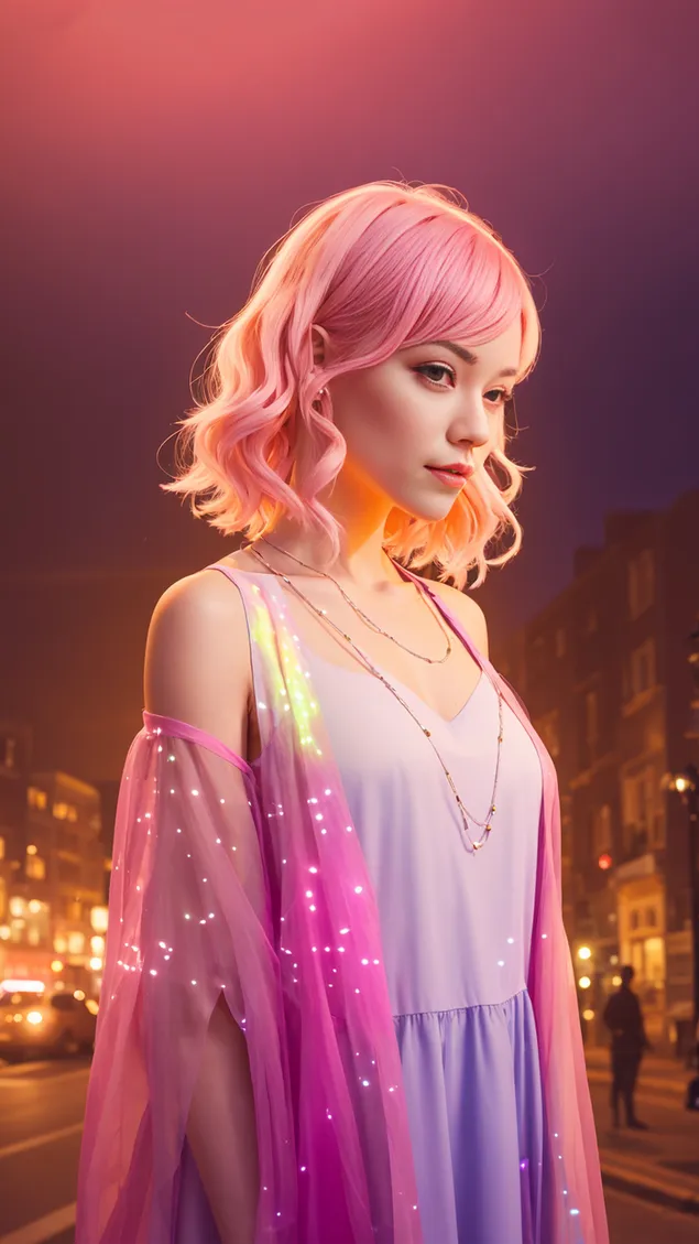 まばゆい夜の光の活気に満ちた輝きを浴びる美しい女の子 HD 壁紙