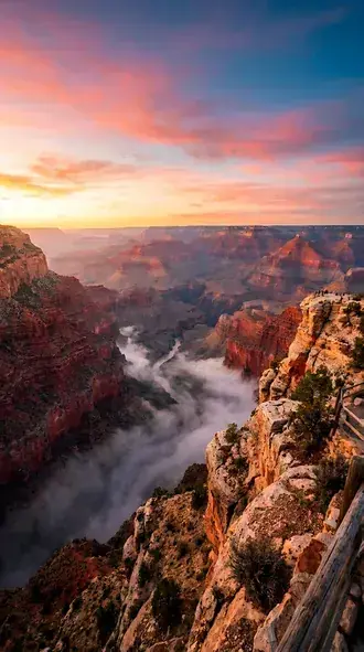 stunning grand canyon sunrise with foggy colorado river and red rock cliffs download