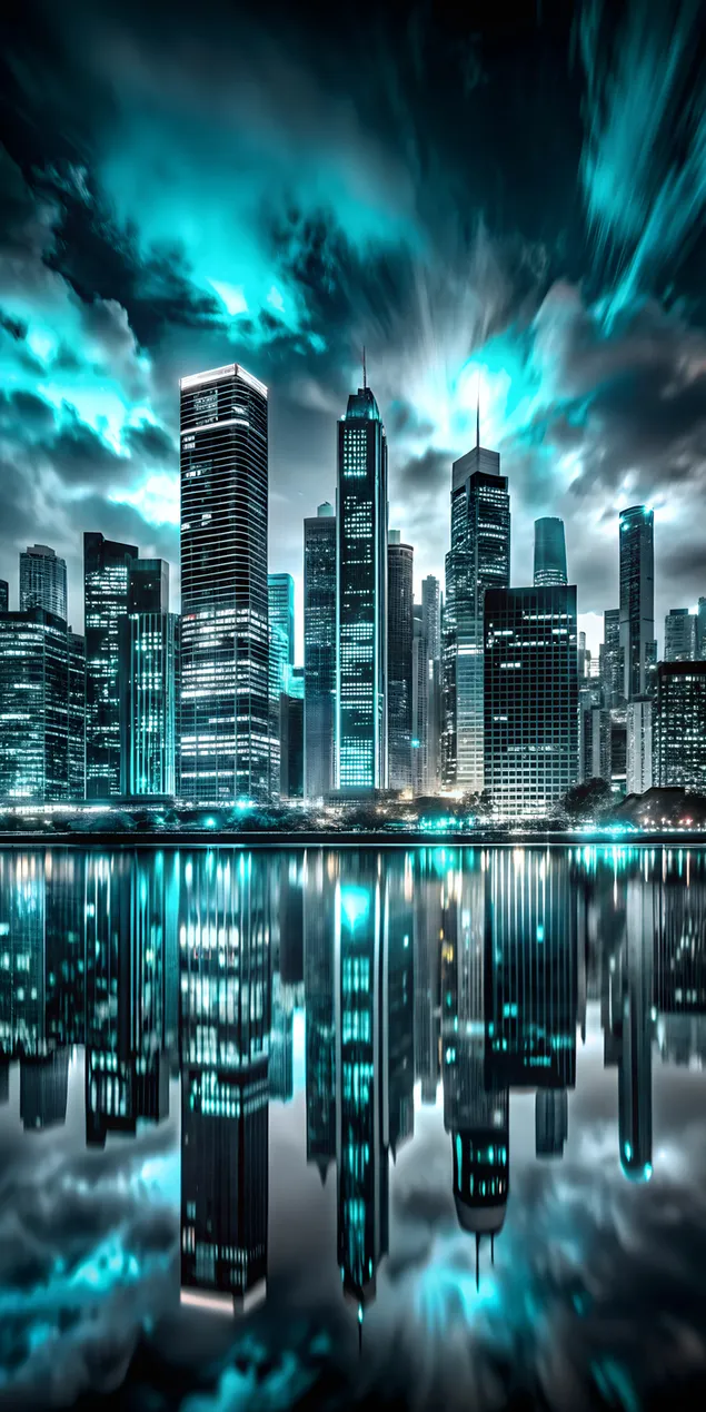 Tapeta Ohromujúca panoráma New Yorku v noci s osvetlenými mrakodrapmi odrážajúcimi sa na nábreží 2K