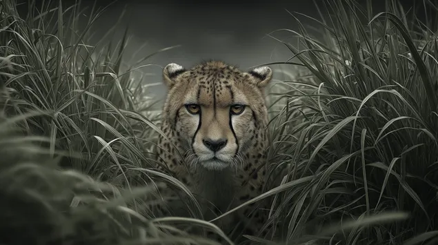 ohromujici portret geparda ve vysoke, suche trave stahnout