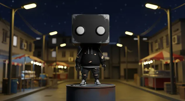 דמות תלת-ממדית אופנתית של בלוק עירוני עומדת על חבית בסצנת שוק רחוב לילי 4K טפט