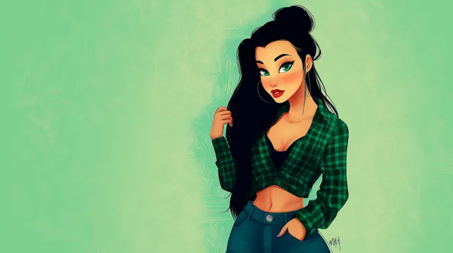 אישה אנימה אופנתית בחולצת בטן משובצת וג'ינס 2K טפט