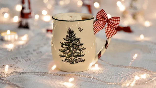 Stylish Christmas tree mug surrounded by fairy lights download
