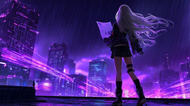 Mulher estilosa no telhado em meio à paisagem urbana cyberpunk em chamas 2K papel de parede