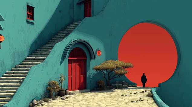 带有楼梯和几何门户的亚洲风格建筑 2K 壁纸