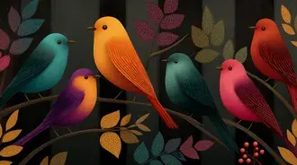 Stylized Birds on Branches with Decorative Foliage 2K wallpaper