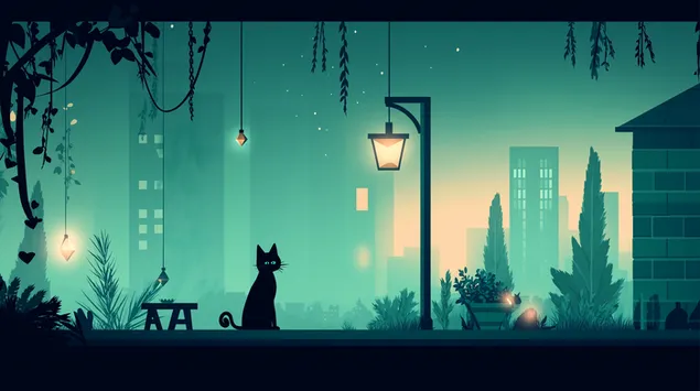 נוף עירוני מסוגנן בלילה עם צללית חתול ופנסי רחוב 2K טפט