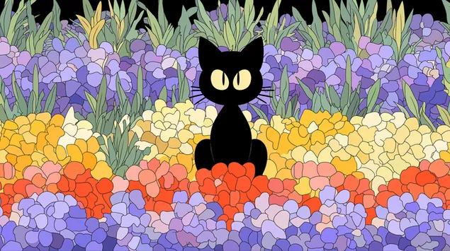 חתול מסוגנן יושב בשורה של צמחיית גן מופשטת 2K טפט